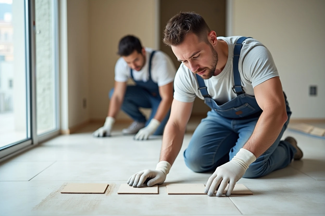 Equipo de trabajo preparando la base para instalación de laminado
